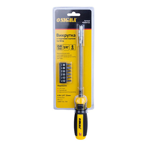 Викрутка з гнучким валом Sigma Mega CrV + біти 6шт 4009721