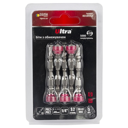 Біти Ultra з обмежувачем PH2-PH2×65мм ¼" 5шт S2 (блістер) (4016552)