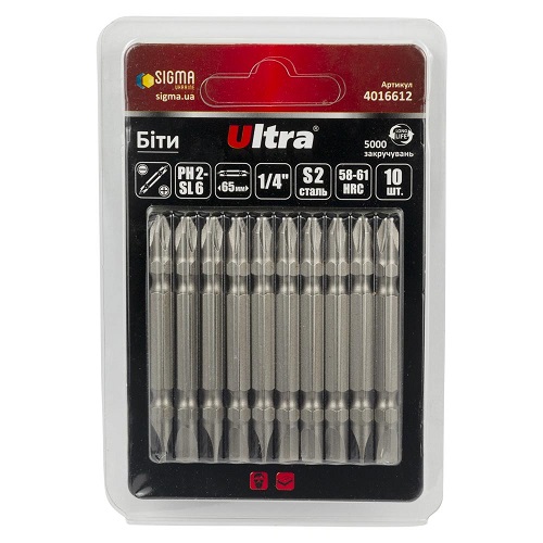 Біти Ultra PH2-SL6×65мм ¼" 10шт S2 (блістер) (4016612)