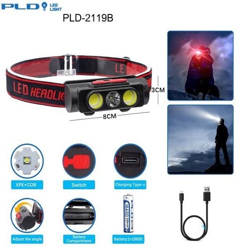 Ліхтарик налобний № PLD-2119B-XPE+2COB (1x18650) White+RED