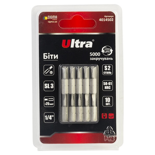 Біти Ultra SL3×25мм ¼" 10шт S2 (блістер) 4014502