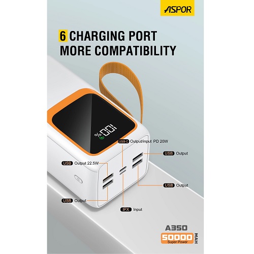 Зарядний пристрій Power Bank ASPOR A350 / 50000 mAh (4USB/Type-C/Lightning/22.5W)