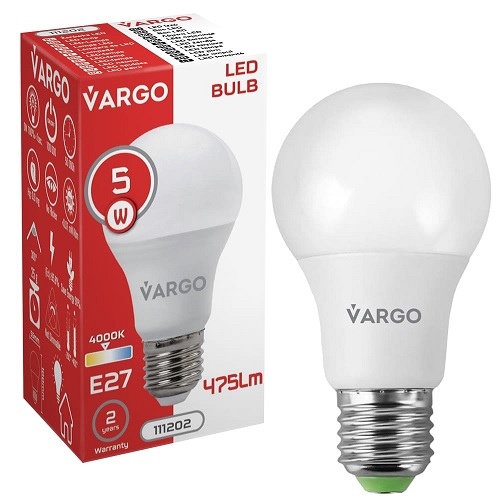 LED лампа VARGO A60  5W 4000K E27 220V (V-111202)