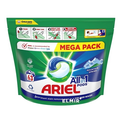 Капсули для прання Ariel Mountain spring 63 капс/уп пакет (3уп/ящ) 7534