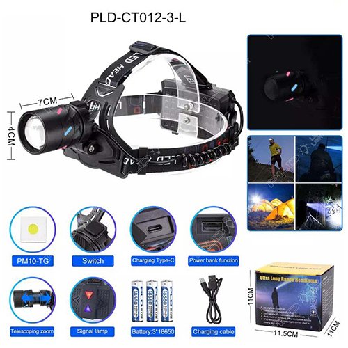 Ліхтарик налобний №CT012-3L-TG (3x18650) Power Bank