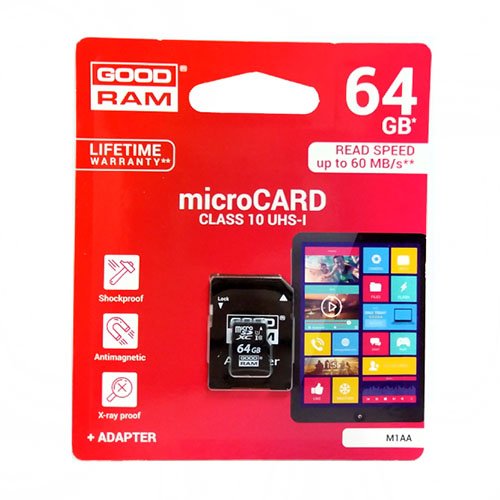 Карта пам'яті micro-SD 64 Gb GOODRAM + перех. SD (10 Class), шт<br> Артикул: 108470<br>