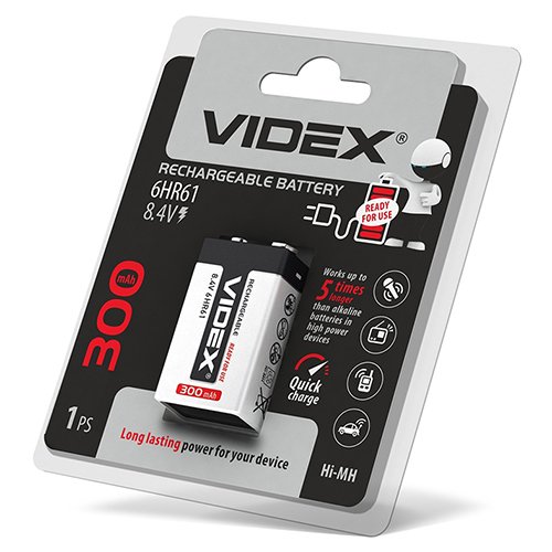 Акумулятор VIDEX Ni-MH 6LR61 (крона) 300 mAh C1 24477, шт<br> Артикул: 109006<br>