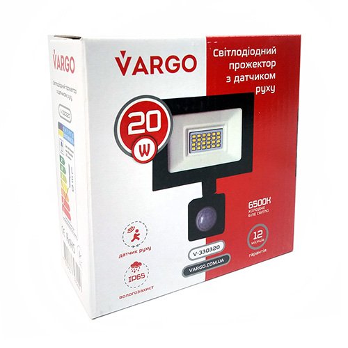 Прожектор VARGO  20W, 220V, 6500К з датчиком руху (V-330320), шт<br> Артикул: 112737<br>