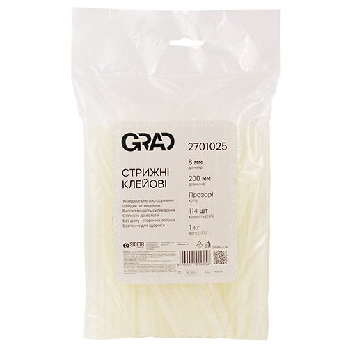 Стрижні клейові Grad 1кг (114шт) Ø8,0×200мм (прозорі) 2701025, уп<br> Артикул: 112982<br>