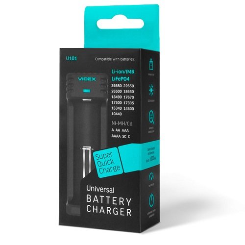 Зар. пристрій VIDEX VCH-U101 Li-ion+Ni-MH(AAA,AA,C)+LiFePo4+EGO (1 канал, 1А, індикація, автомат,) 27241, шт<br> Артикул: 123130<br>