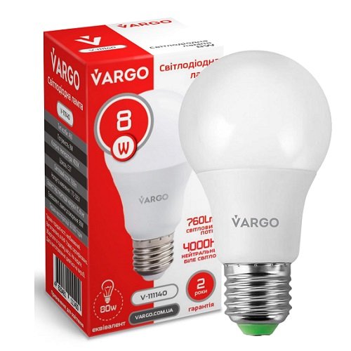 LED лампа VARGO A60  8W 4000K E27 220V (V-111140), шт<br> Артикул: 123616<br>