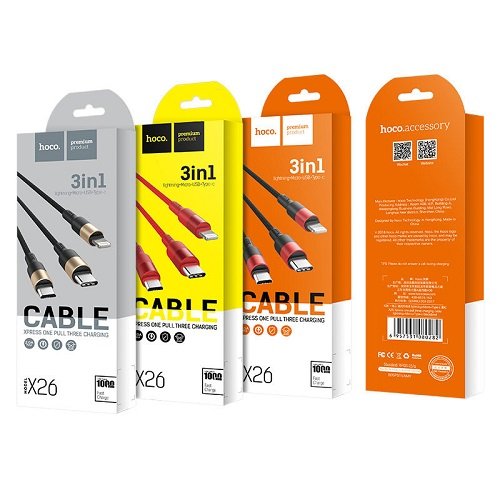 Кабель 3 в 1 HOCO X26 (Lighting+MicroUSB+Tipe C) 1 м, шт<br> Артикул: 123969<br>