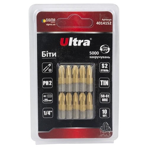 Біти Ultra PH2×25мм ¼" 10шт S2 TIN (блістер) (4014152), блист<br> Артикул: 124805<br>