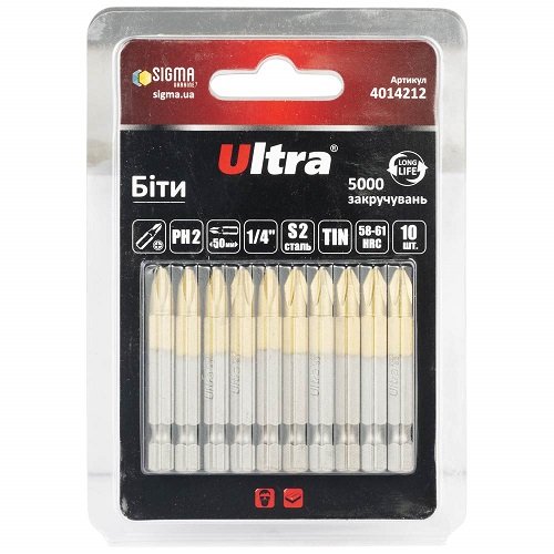 Біти Ultra PH2×50мм ¼" 10шт S2 TIN (блістер) (4014212), блист<br> Артикул: 124806<br>