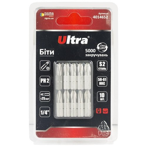 Біти Ultra PH2×25мм ¼" 10шт S2 (блістер) (4014652), блист<br> Артикул: 124808<br>