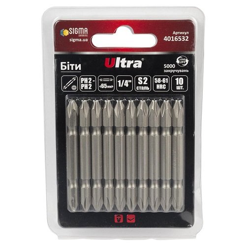 Біти Ultra PH2-PH2×65мм ¼" 10шт S2 (блістер) (4016532), блист<br> Артикул: 124814<br>
