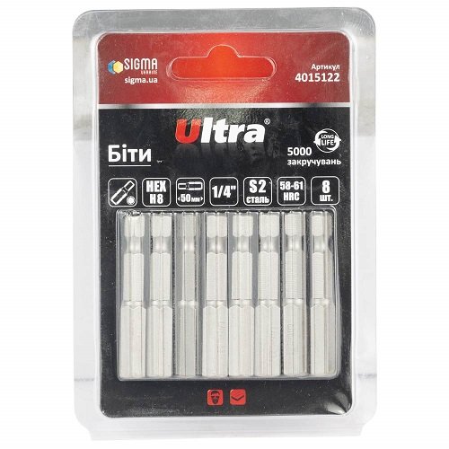 Біти Ultra HEX 8×50мм ¼" 8шт S2 (блістер) (4015122), шт<br> Артикул: 128367<br>