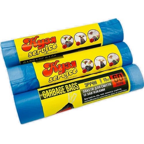 Мішки д/сміття КУЗЯ СЕРВІС із зав'язками 60л/10шт (55уп в ящ), уп<br> Артикул: 129669<br>