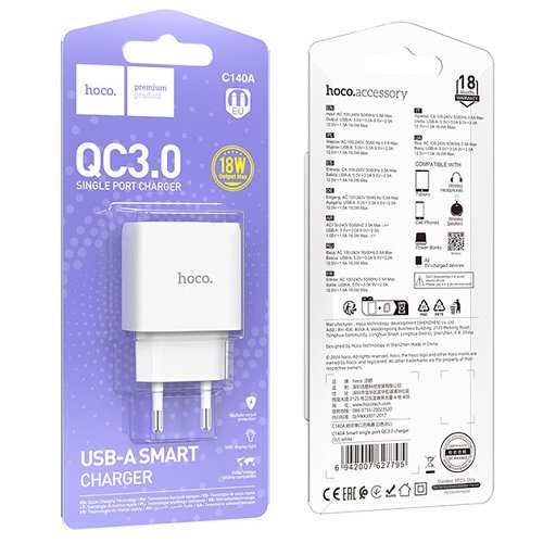 МЗП HOCO C140A QC3.0 (1USB/18W/3A) без кабелю, шт<br> Артикул: 130805<br>