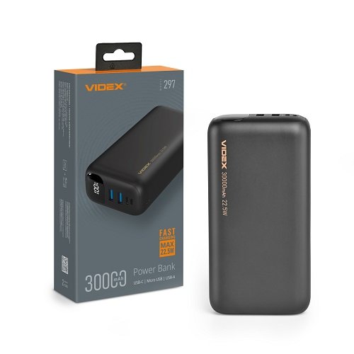 Зарядний пристрій Power Bank VIDEX VPB-297 30000mAh 22.5W QC+PD, шт<br> Артикул: 131778<br>