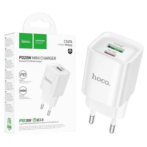 МЗП HOCO C147A PD20W+ QC3.0 (1USB/1Type-C) без кабелю, шт<br> Артикул: 132146<br>