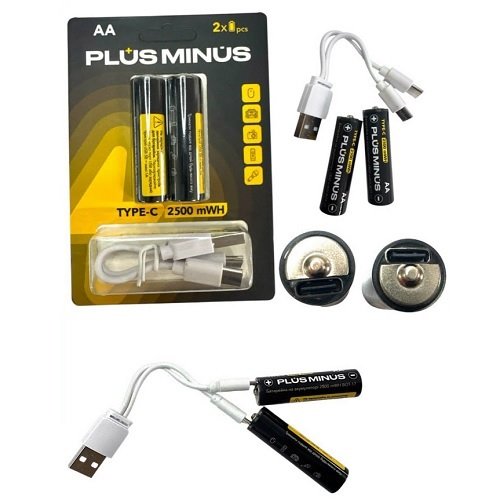 Акумулятор PlusMinus Ni-MH R06 2500 mAh C2 + кабель Type-C, блист<br> Артикул: 132414<br>