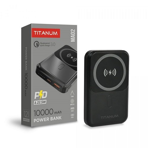 Зарядний пристрій Power Bank TITANUM TPB-MA02 10000mAh 22.5W QC+PD з бездротовою зарядкою, шт<br> Артикул: 132440<br>