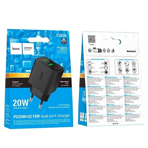 МЗП HOCO CS83A PD20W+ QC3.0 (1USB/1Type-C) без кабелю, шт<br> Артикул: 141169<br>